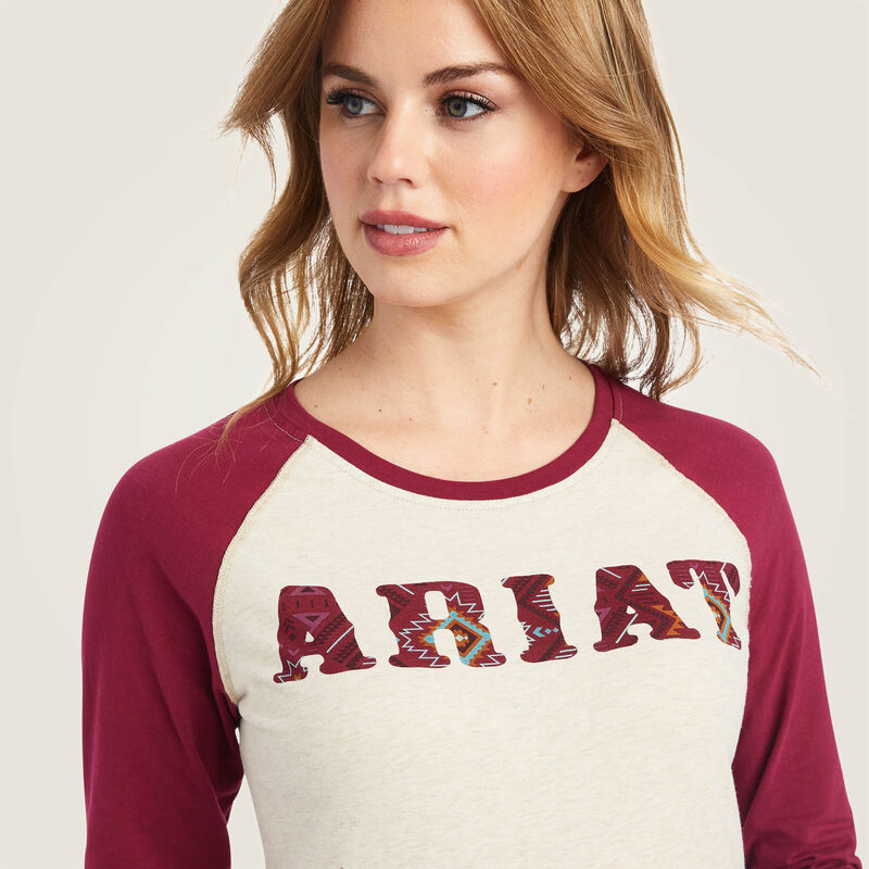Ariat Women's REAL Ariat Baseball Shirt, Oatmeal Heather|Beet Red