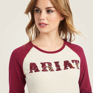 Ariat Women's REAL Ariat Baseball Shirt, Oatmeal Heather|Beet Red