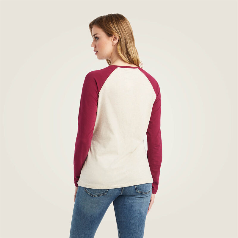 Ariat Women's REAL Ariat Baseball Shirt, Oatmeal Heather|Beet Red