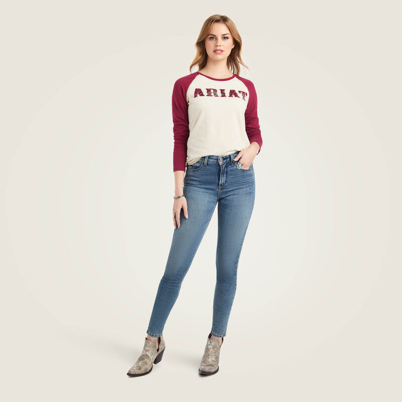Ariat Women's REAL Ariat Baseball Shirt, Oatmeal Heather|Beet Red