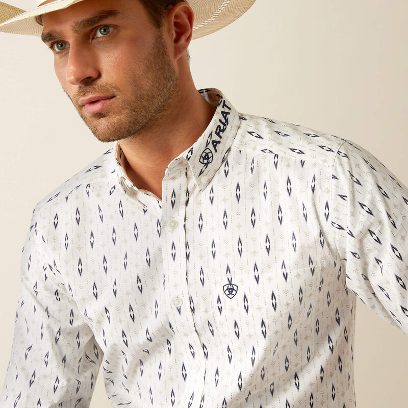 Ariat Men's Team Logo Perkins Fitted Fit Long Sleeve Shirt, White|Navy