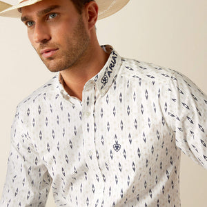 Ariat Men's Team Logo Perkins Fitted Fit Long Sleeve Shirt, White|Navy