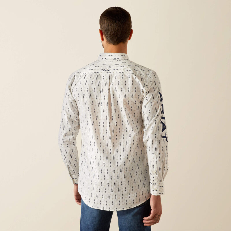 Ariat Men's Team Logo Perkins Fitted Fit Long Sleeve Shirt, White|Navy
