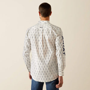 Ariat Men's Team Logo Perkins Fitted Fit Long Sleeve Shirt, White|Navy