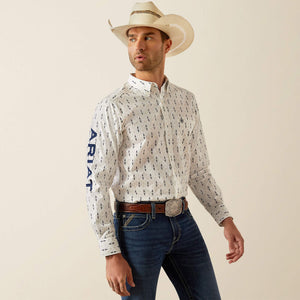 Ariat Men's Team Logo Perkins Fitted Fit Long Sleeve Shirt, White|Navy
