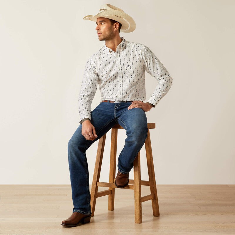 Ariat Men's Team Logo Perkins Fitted Fit Long Sleeve Shirt, White|Navy