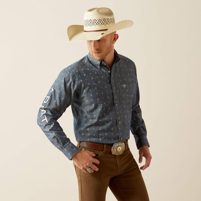 Ariat Men's Team Logo Philibert Classic Fit Long Sleeve Shirt, Chambray Blue|Khaki