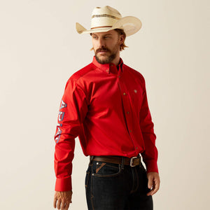 Ariat Men's Team Logo Twill Classic Fit Long Sleeve Shirt, Red|Khaki