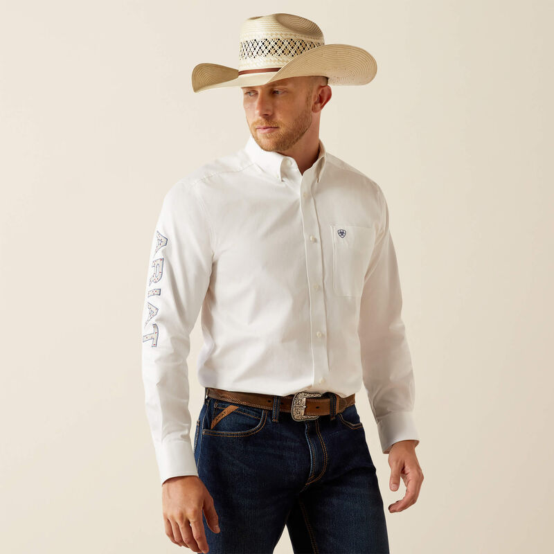 Ariat Men's Team Logo Twill Classic Fit Long Sleeve Shirt, White|Khaki