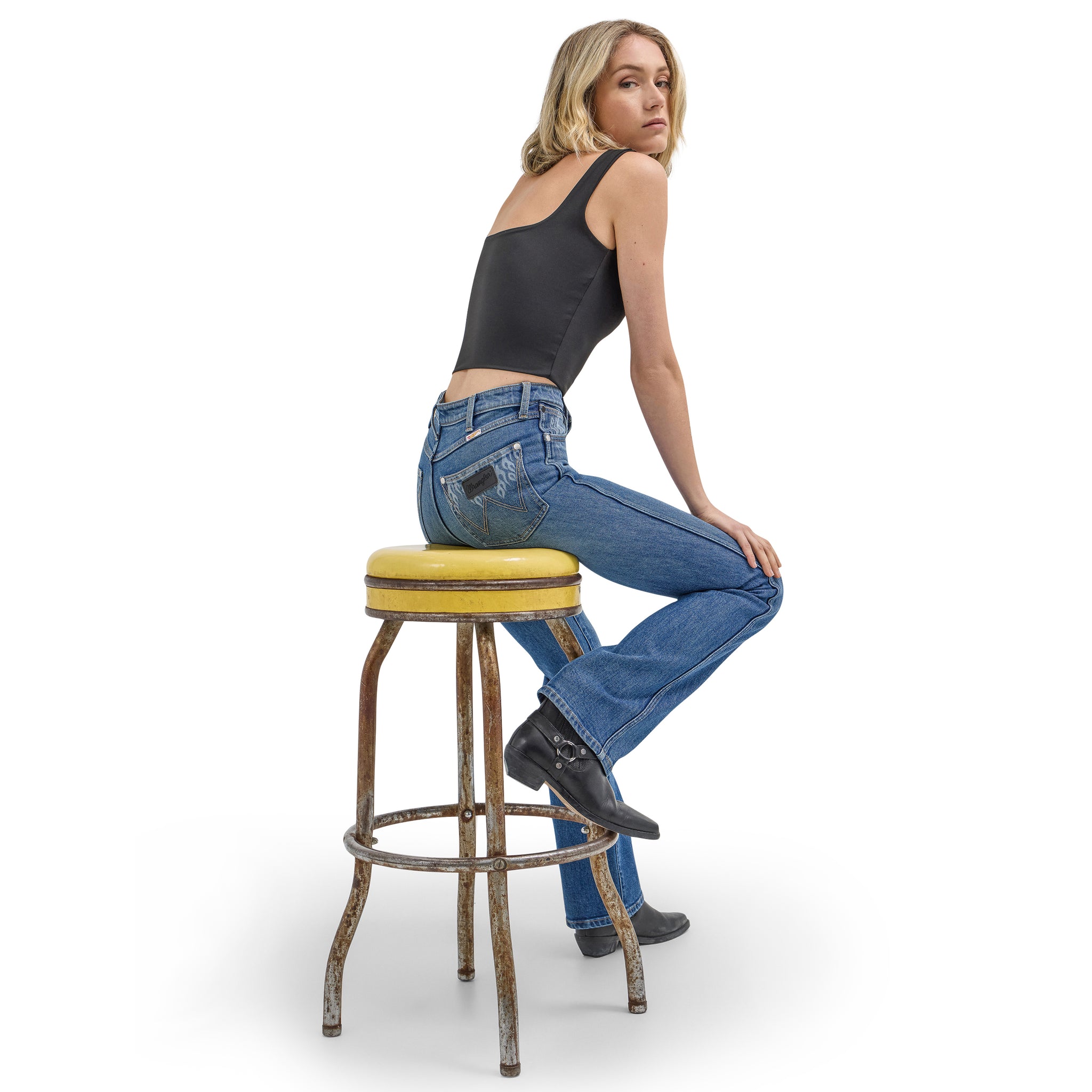Wrangler® x Hot Wheels™ Women's High Rise Bootcut Denim Jeans, Dark Blue