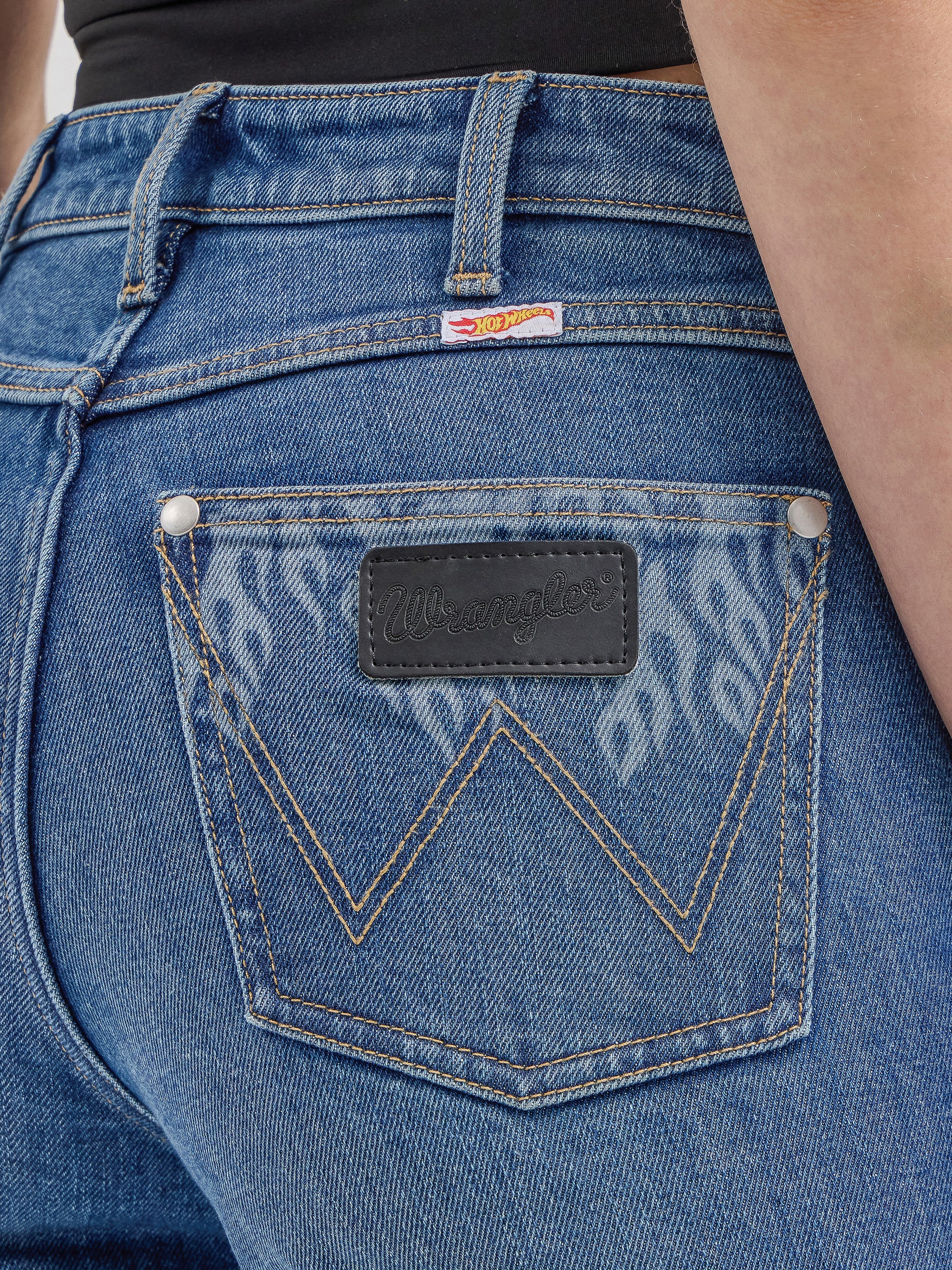 Wrangler® x Hot Wheels™ Women's High Rise Bootcut Denim Jeans, Dark Blue