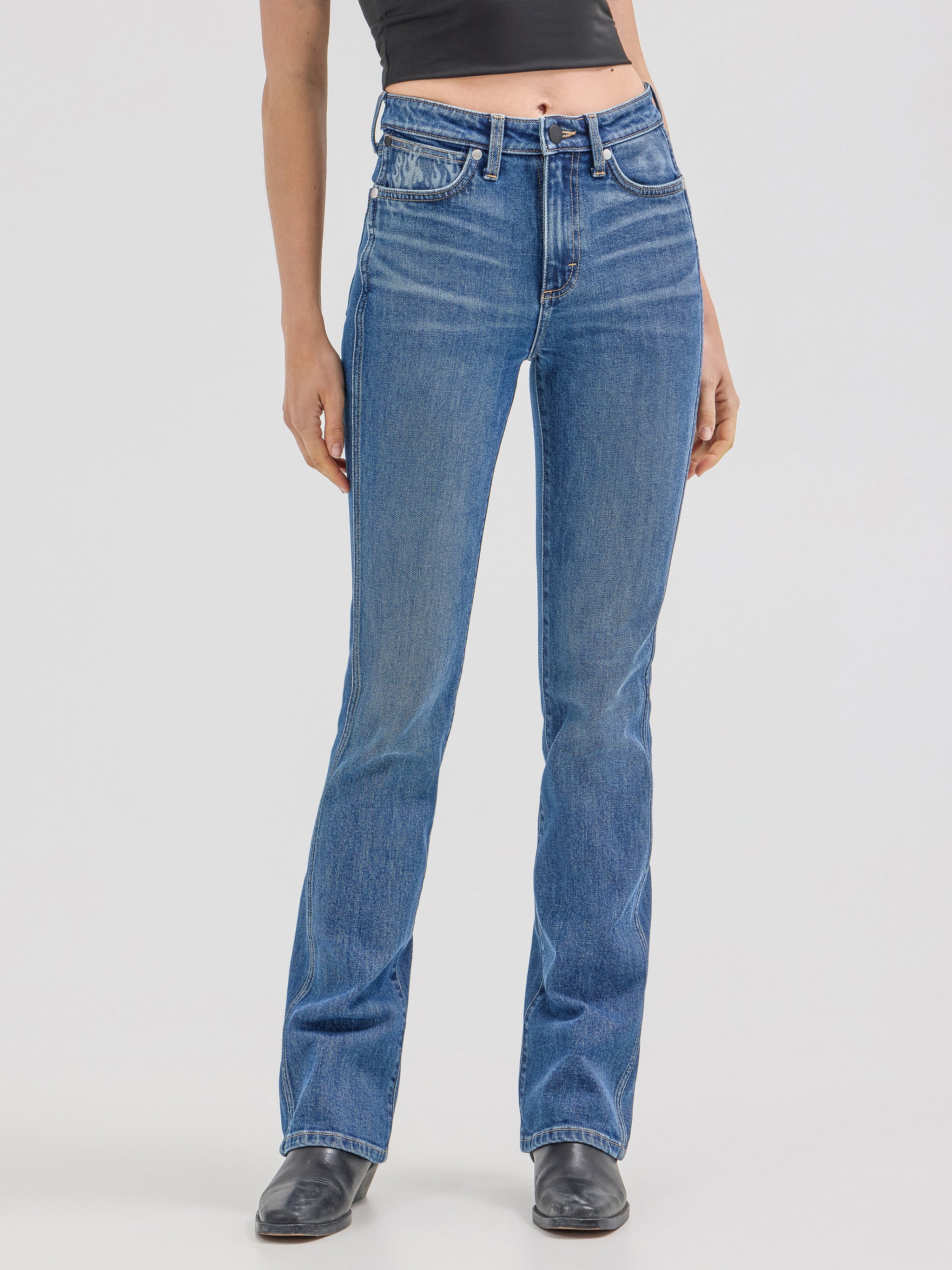 Wrangler® x Hot Wheels™ Women's High Rise Bootcut Denim Jeans, Dark Blue