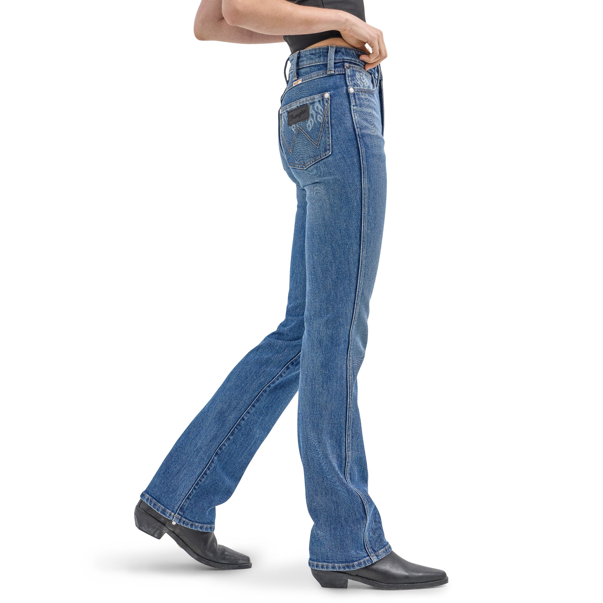 Wrangler® x Hot Wheels™ Women's High Rise Bootcut Denim Jeans, Dark Blue