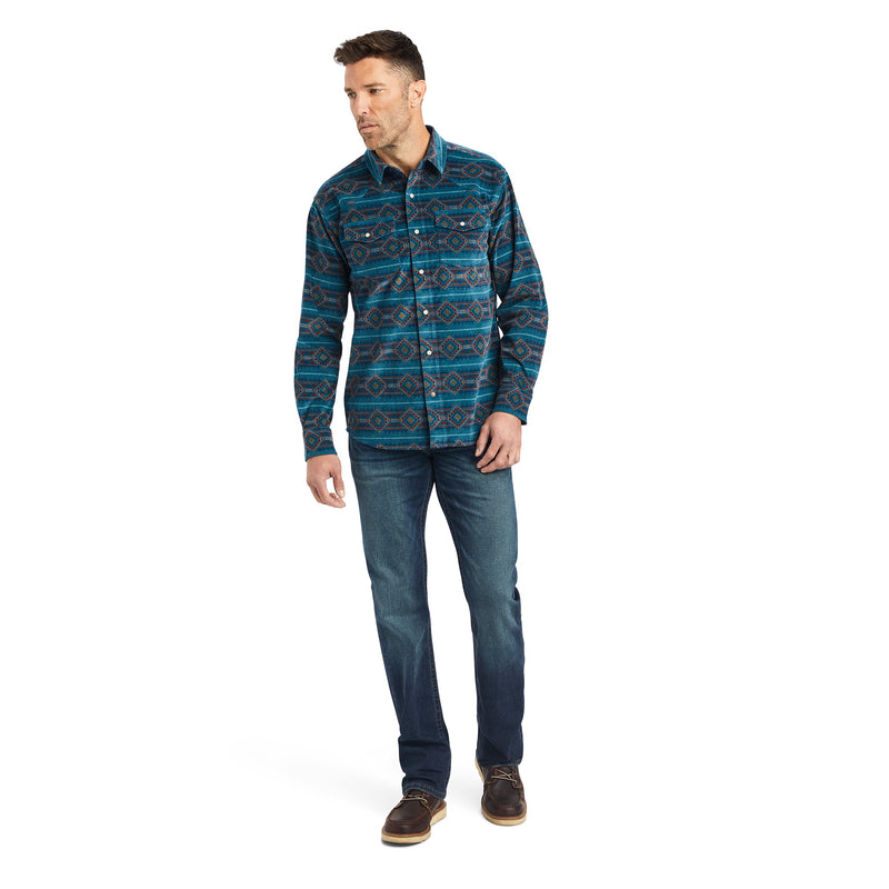 Ariat Men's Hawkeye Corduroy Stretch Retro Fit Long Sleeve Shirt, Sylvan Teal