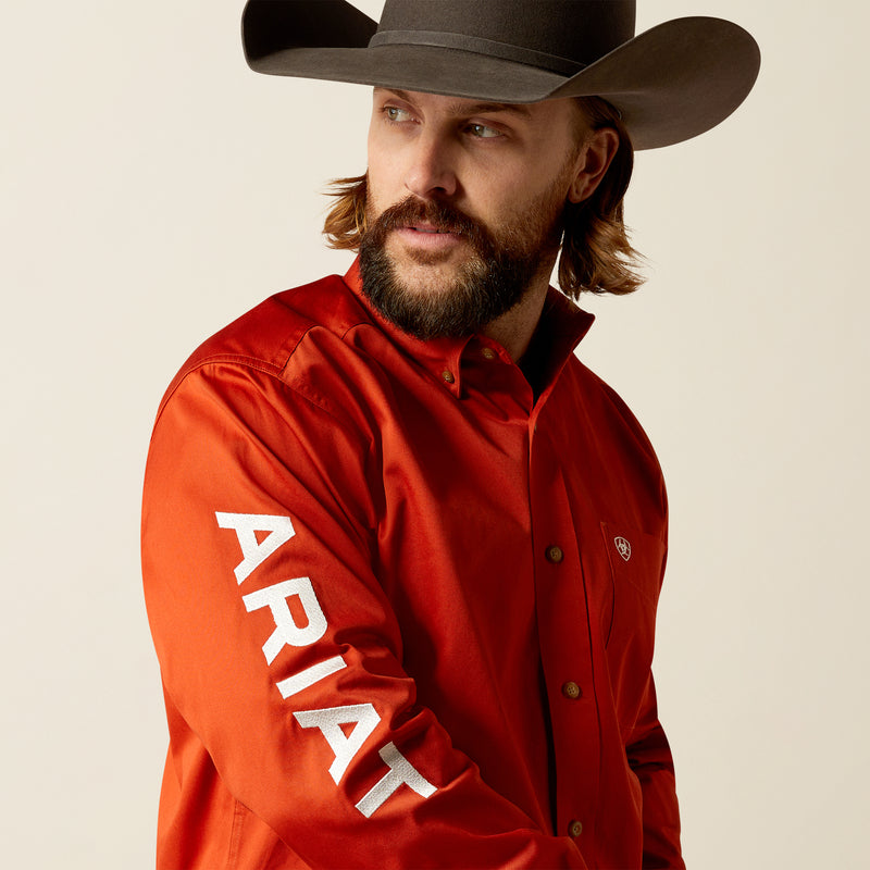 Ariat Men's Team Logo Twill Classic Fit Long Sleeve Shirt, Dark Orange|White