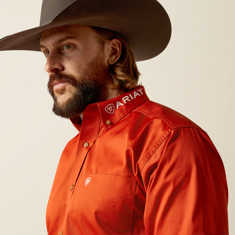Ariat Men's Team Logo Twill Classic Fit Long Sleeve Shirt, Dark Orange|White