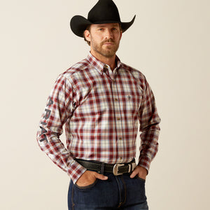 Ariat Men's Pro Series Team Logo Oscar Classic Fit Long Sleeve Shirt, Dark Red|Navy