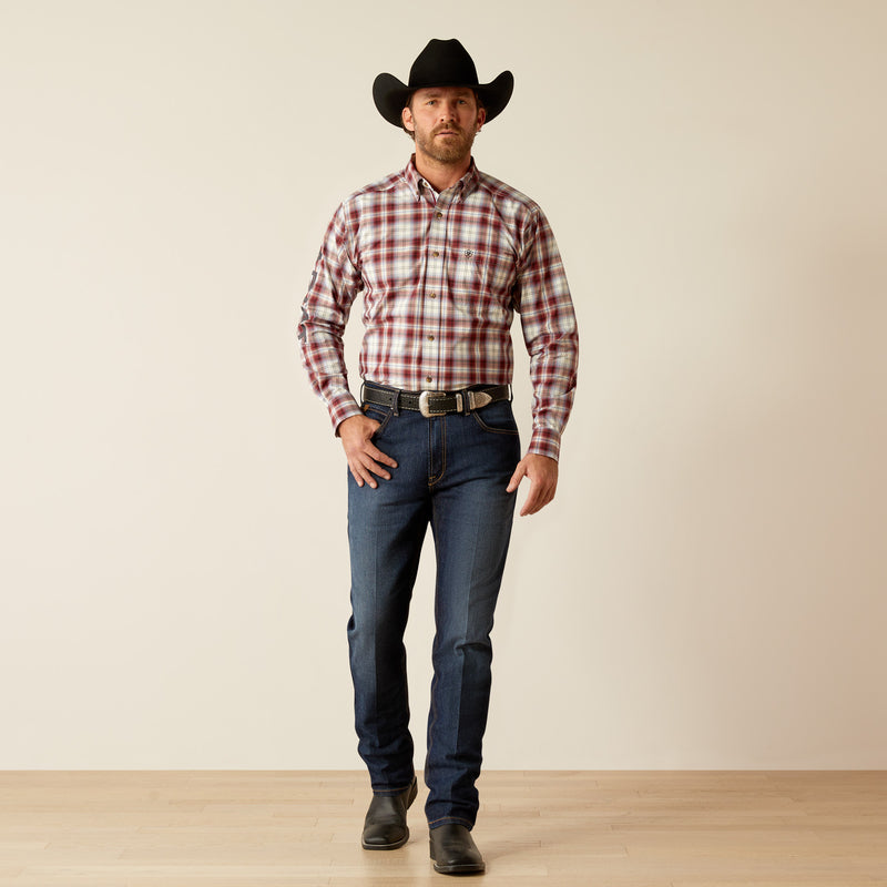 Ariat Men's Pro Series Team Logo Oscar Classic Fit Long Sleeve Shirt, Dark Red|Navy