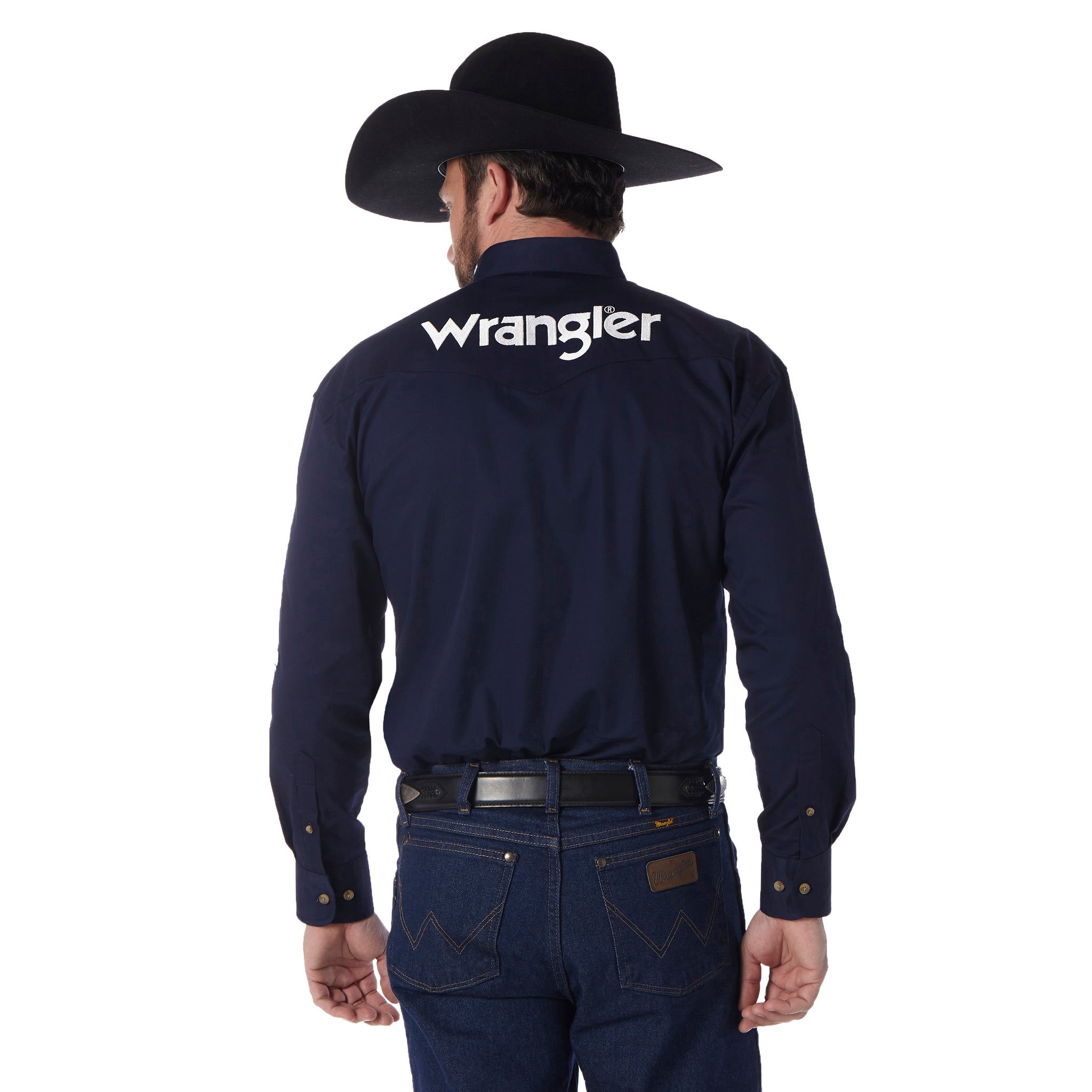 Wrangler Men's Logo Long Sleeve Button Down Solid Shirt, Navy