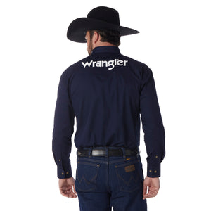 Wrangler Men's Logo Long Sleeve Button Down Solid Shirt, Navy
