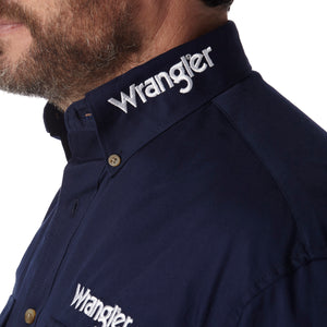 Wrangler Men's Logo Long Sleeve Button Down Solid Shirt, Navy