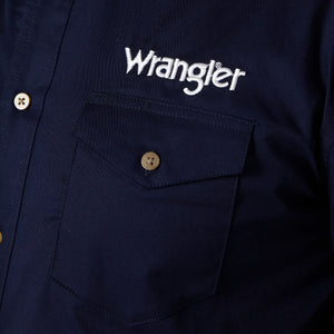 Wrangler Men's Logo Long Sleeve Button Down Solid Shirt, Navy
