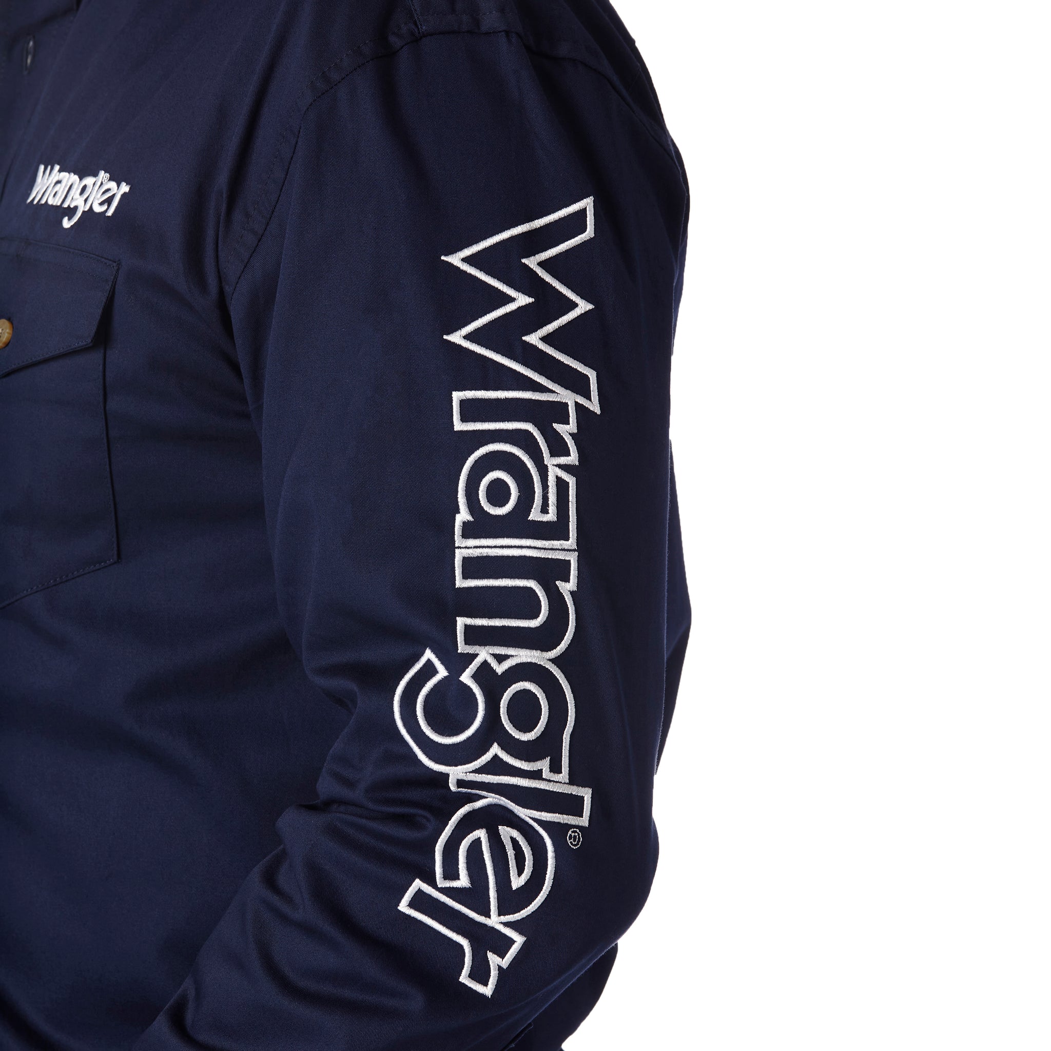Wrangler Men's Logo Long Sleeve Button Down Solid Shirt, Navy