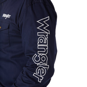Wrangler Men's Logo Long Sleeve Button Down Solid Shirt, Navy