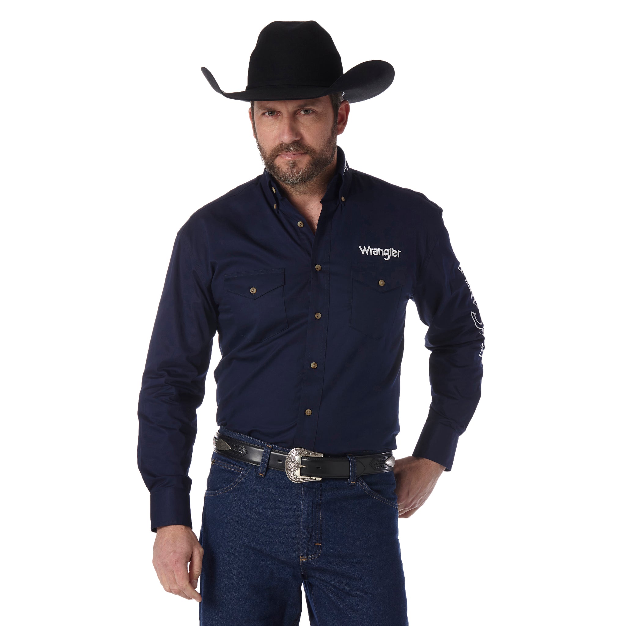 Wrangler Men's Logo Long Sleeve Button Down Solid Shirt, Navy