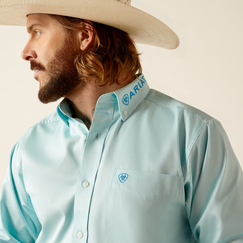 Ariat Men's Team Logo Twill Fitted Fit Long Sleeve Shirt, Light Aqua