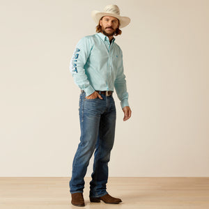 Ariat Men's Team Logo Twill Fitted Fit Long Sleeve Shirt, Light Aqua