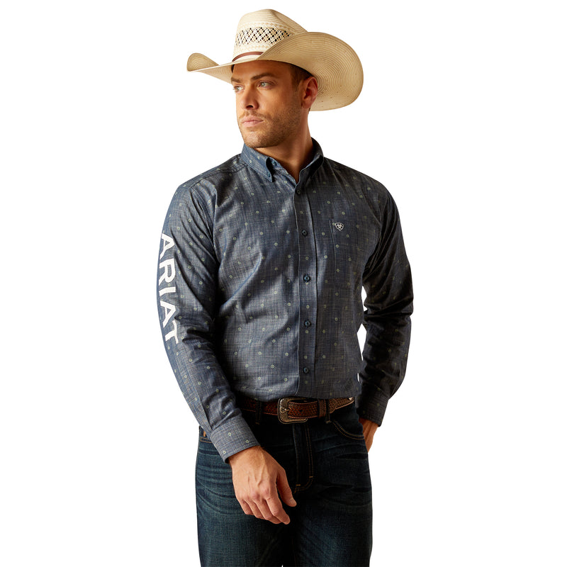 Ariat Men’s Team Logo Everett Classic Fit Long Sleeve Shirt, Blue Chambray