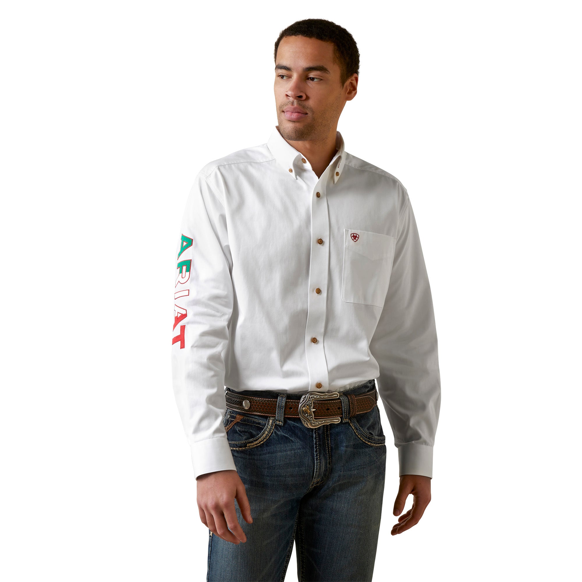 Ariat Men's Team Logo Twill Mexico Classic Fit Long Sleeve Shirt, White