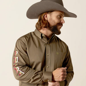 Ariat Men's Team Logo Twill Classic Fit Long Sleeve Shirt, Olive Green|Orange