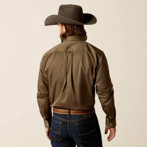 Ariat Men's Team Logo Twill Classic Fit Long Sleeve Shirt, Olive Green|Orange