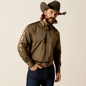Ariat Men's Team Logo Twill Classic Fit Long Sleeve Shirt, Olive Green|Orange