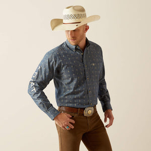 Ariat Men's Team Logo Philibert Classic Fit Long Sleeve Shirt, Chambray Blue|Khaki