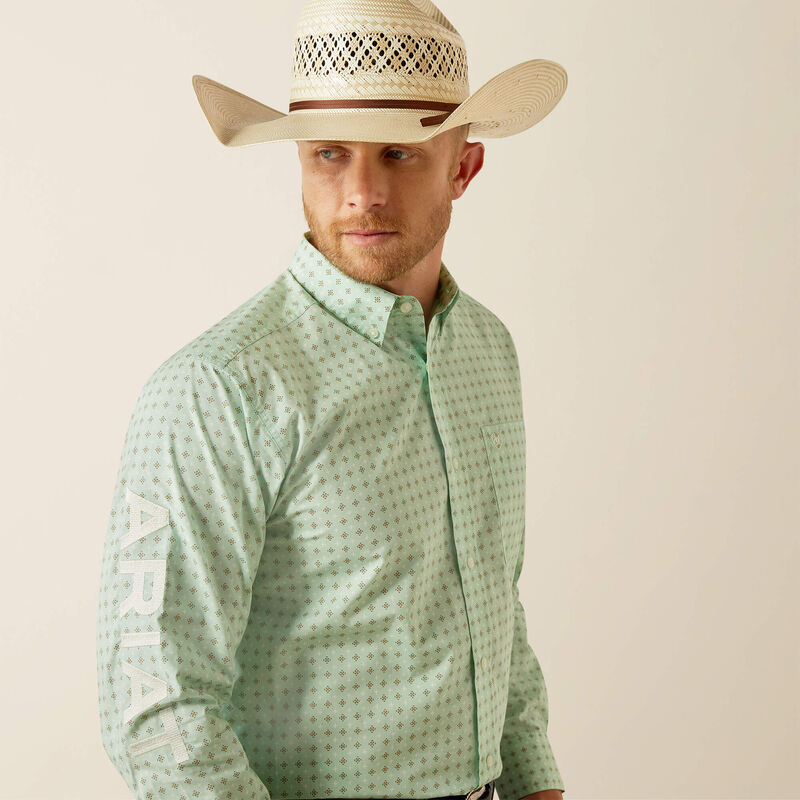 Ariat Men's Team Logo Pierson Classic Fit Long Sleeve Shirt, Light Green|White