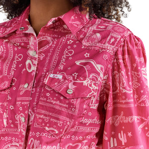 Wrangler X Barbie Women's Western Balloon Sleeve Printed Blouse In Pink Bandana