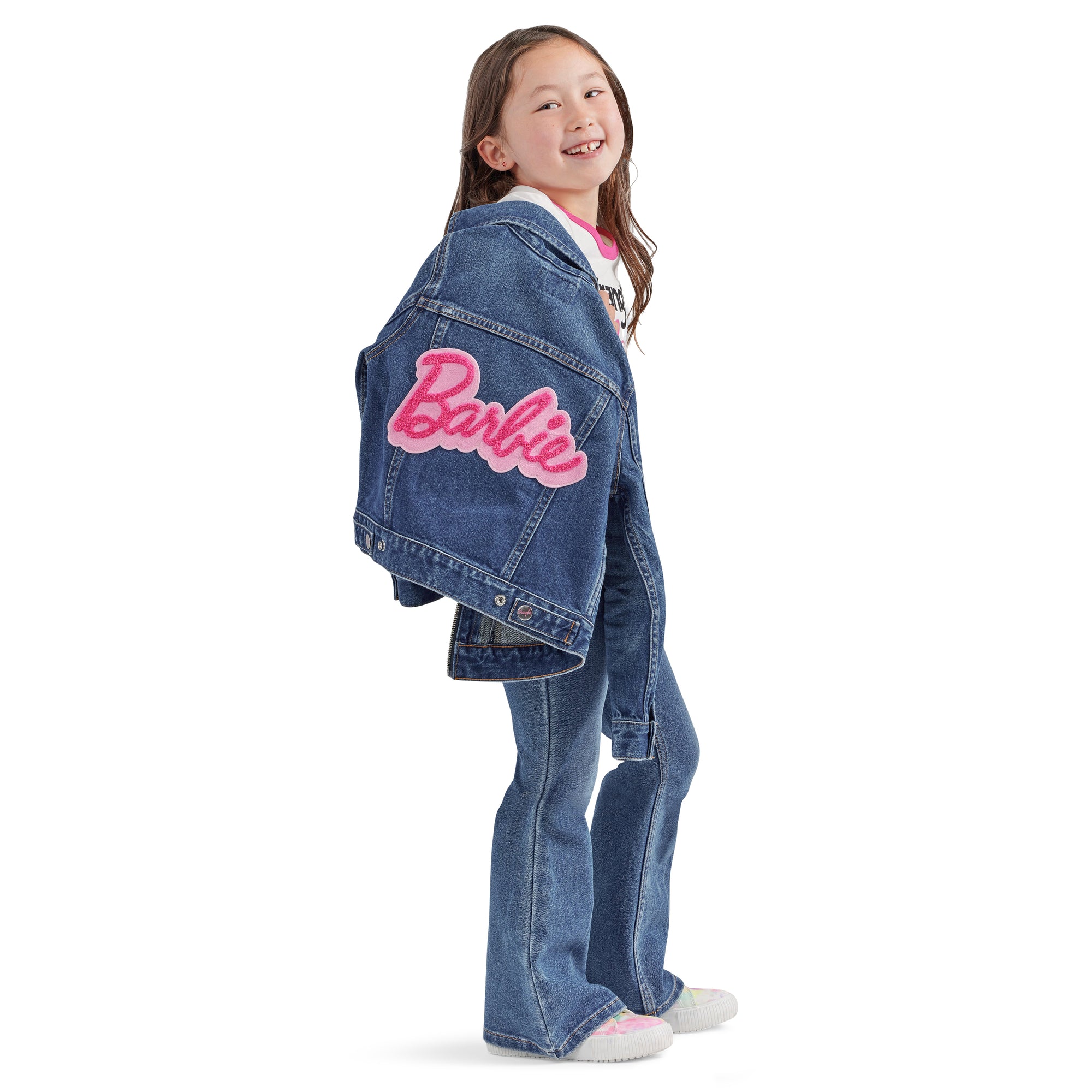 Wrangler X Barbie Girl's Barbie Logo Denim Jacket, Denim Blue