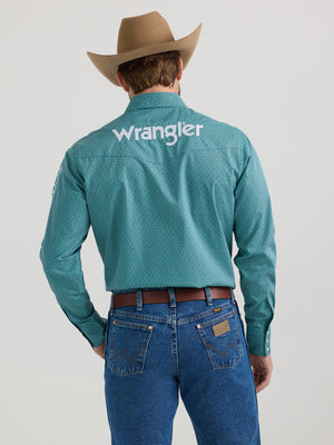 Wrangler® Men's Logo Long Sleeve Button Down Shirt, Teal