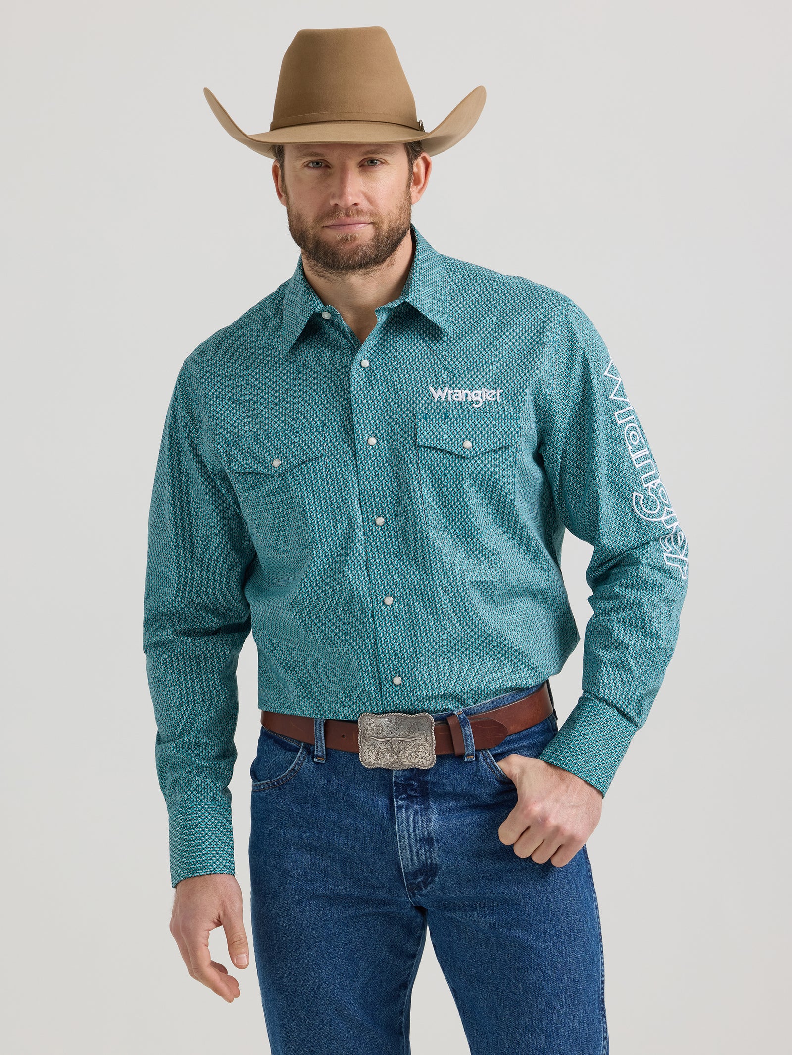 Wrangler® Men's Logo Long Sleeve Button Down Shirt, Teal