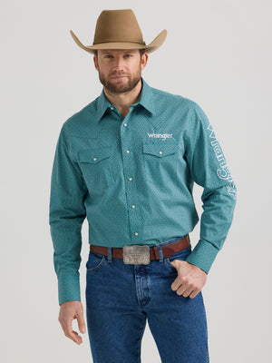Wrangler® Men's Logo Long Sleeve Button Down Shirt, Teal