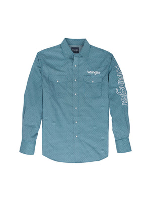 Wrangler® Men's Logo Long Sleeve Button Down Shirt, Teal
