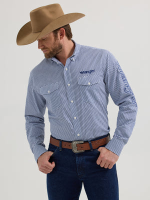 Wrangler® Men's Logo Long Sleeve Button Down Shirt, Blue
