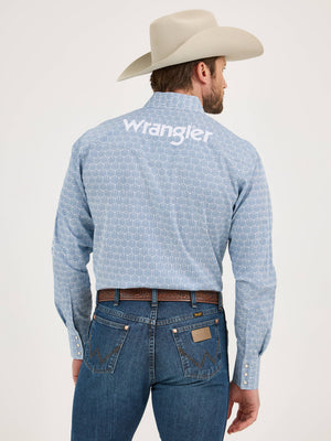 Wrangler® Men's Logo Long Sleeve Button Down Shirt, Blue
