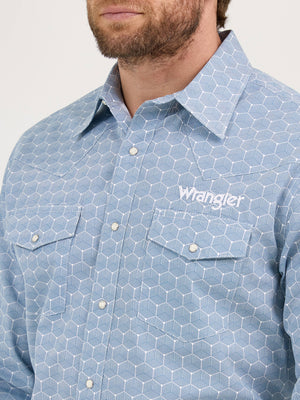 Wrangler® Men's Logo Long Sleeve Button Down Shirt, Blue