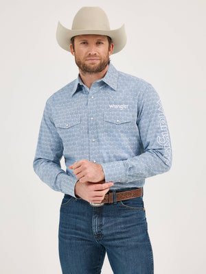 Wrangler® Men's Logo Long Sleeve Button Down Shirt, Blue