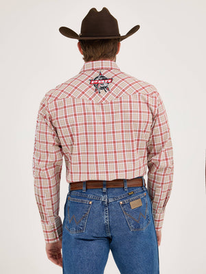 Wrangler® Men's PBR Logo Long Sleeve Button Down Shirt, Brown/Red