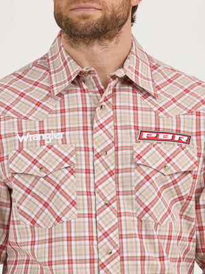 Wrangler® Men's PBR Logo Long Sleeve Button Down Shirt, Brown/Red